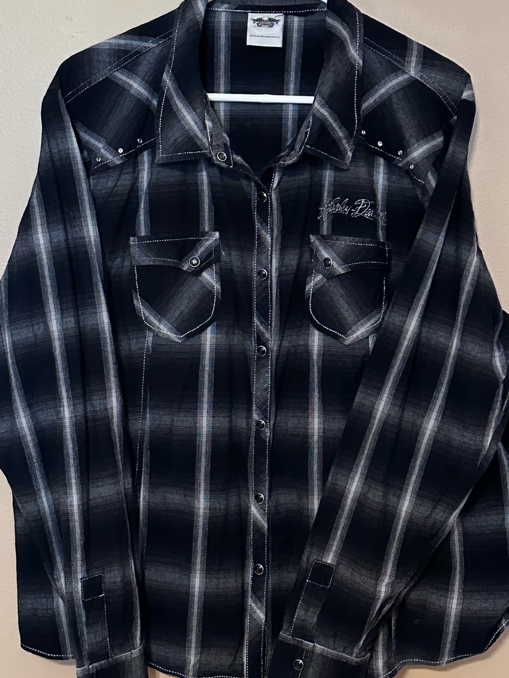 Harley-Davidson Black  Gray Plaid Snap-Front western Rhinestone shirt womens XL